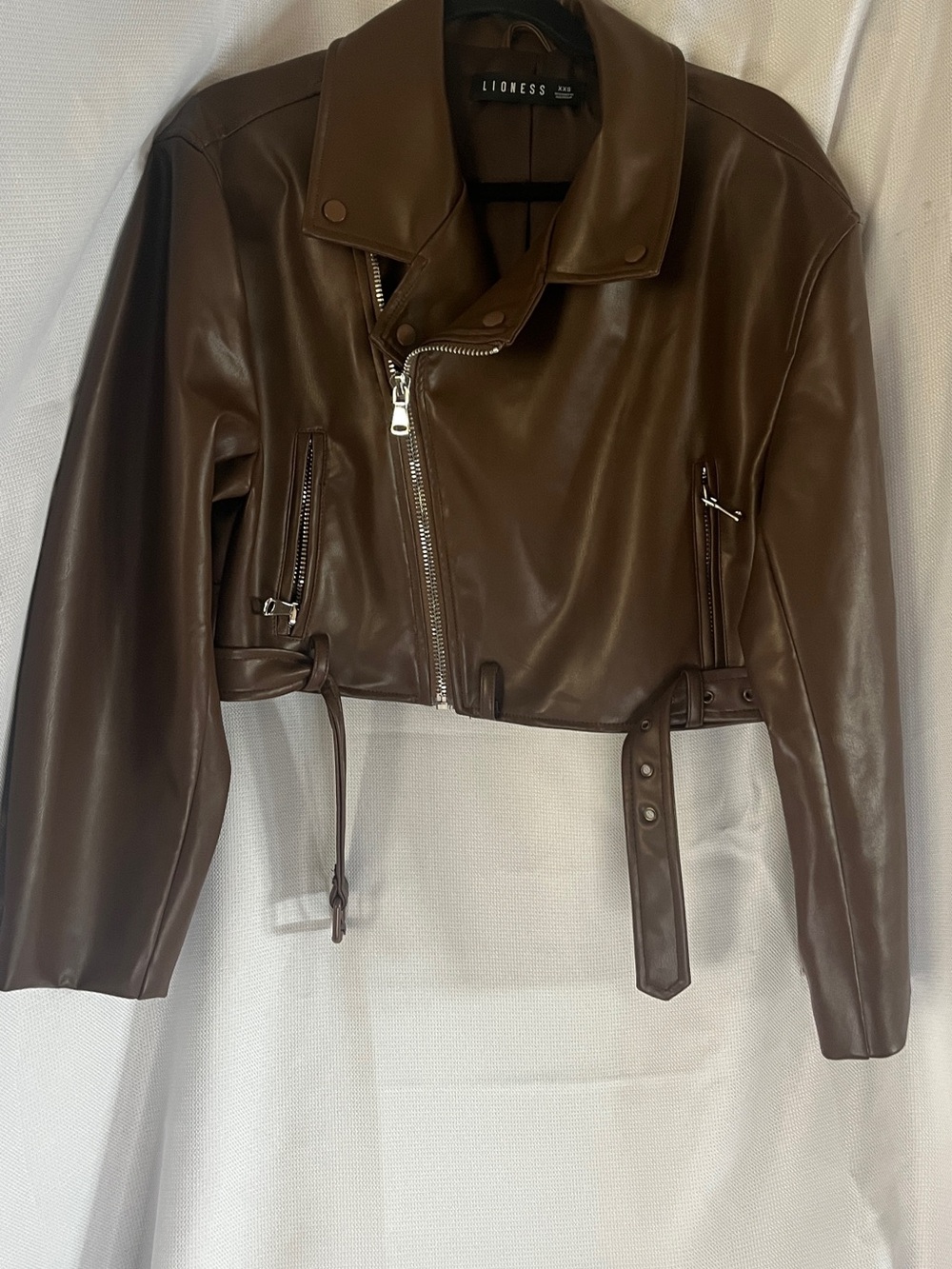Lioness Chocolate Brown Cropped Leather Moto Jacket